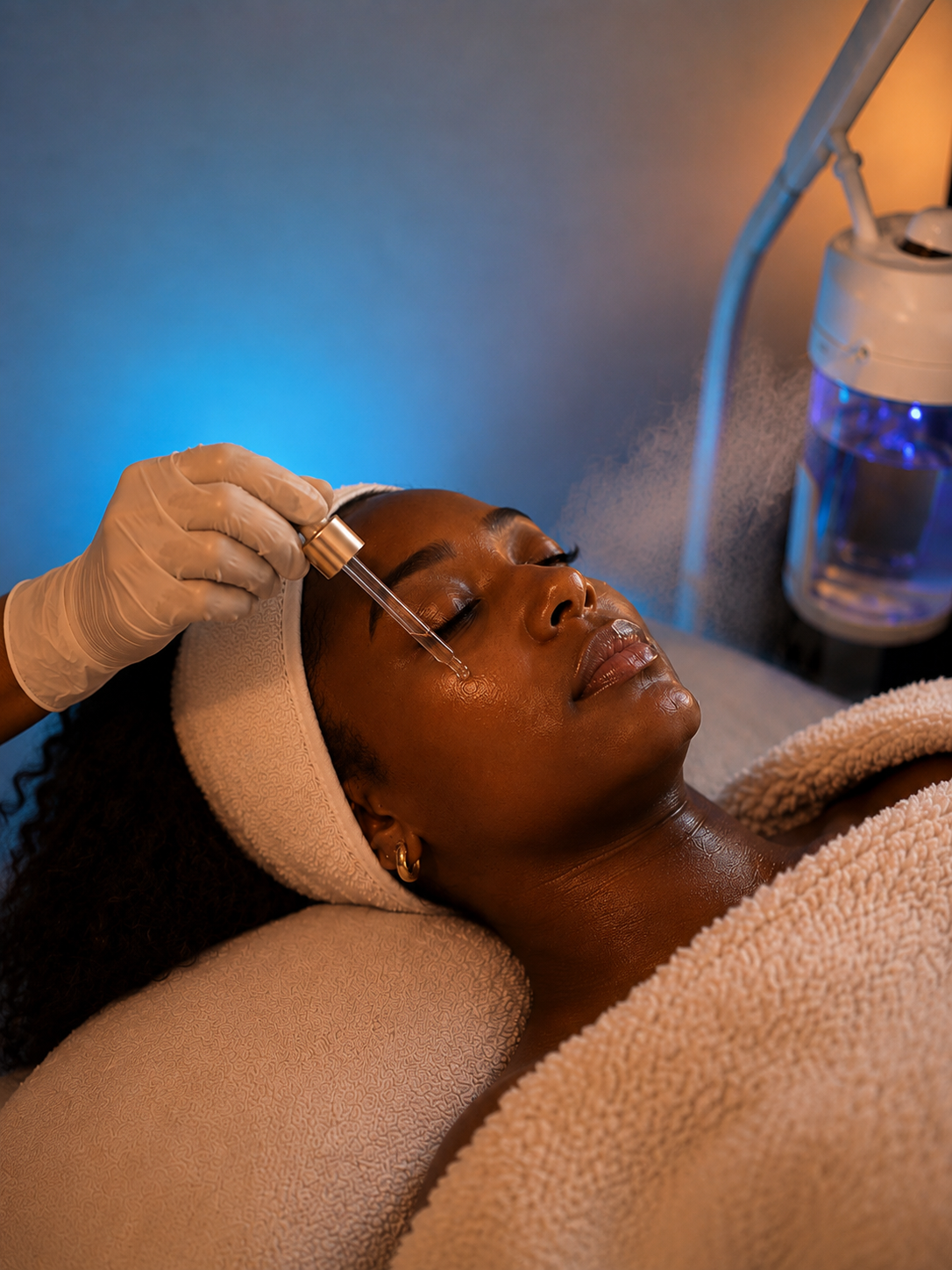 Client receiving a hydrating serum facial under steam therapy