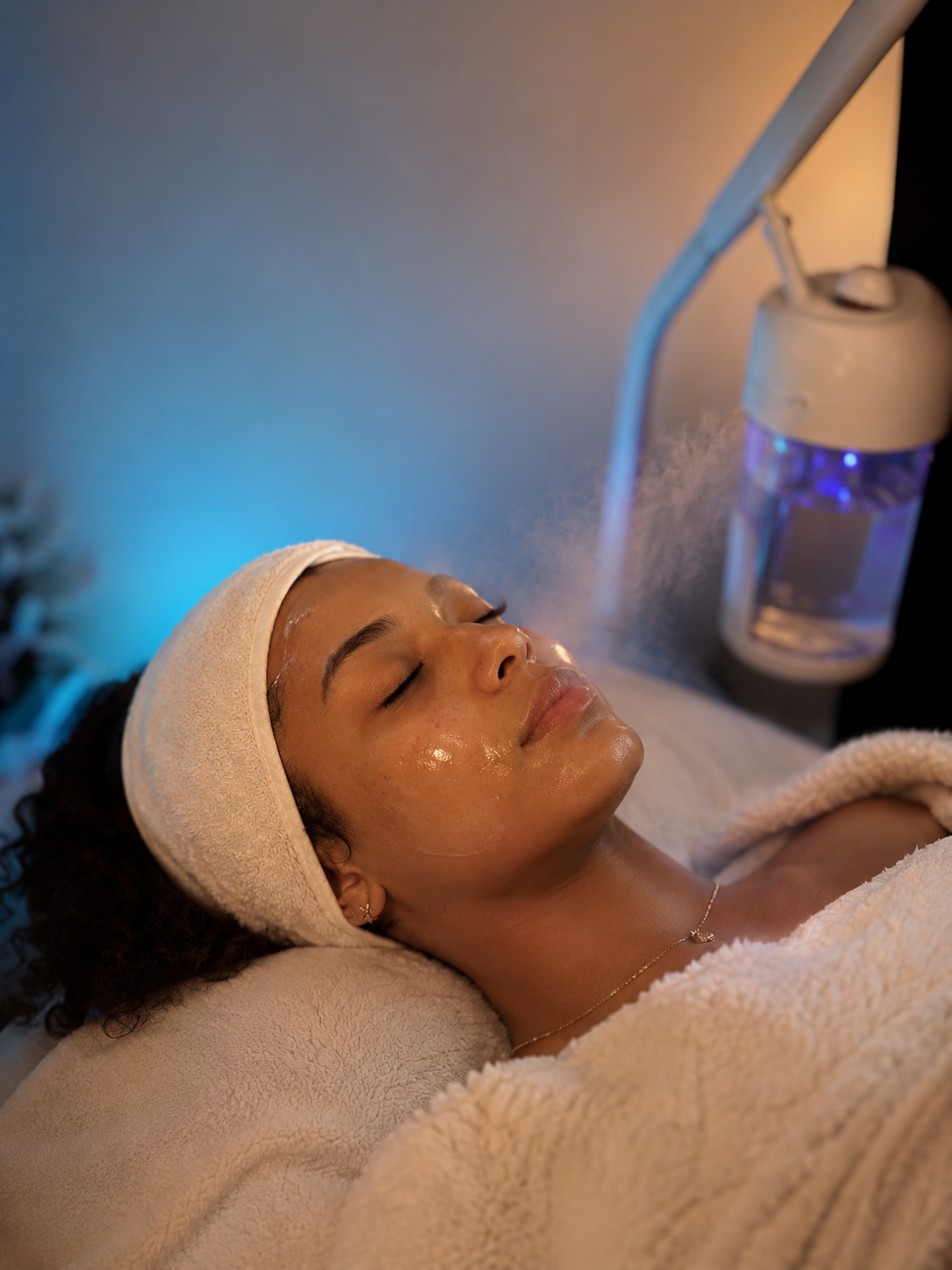 Glass-skin facial treatment with steam and hydrating mask