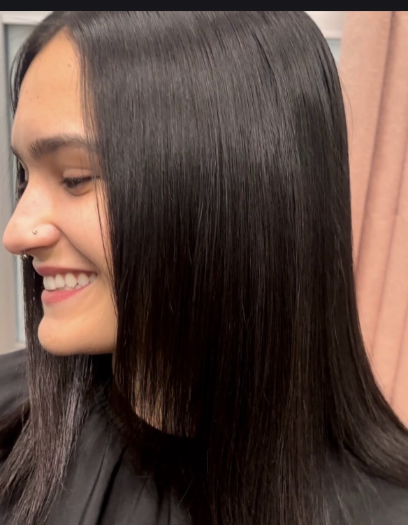 Glossy sleek smoothing treatment result with mirror-like straight finish