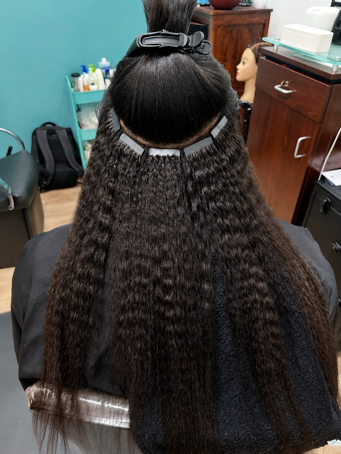 Kinky straight tape-in extension install with sectioned bonds